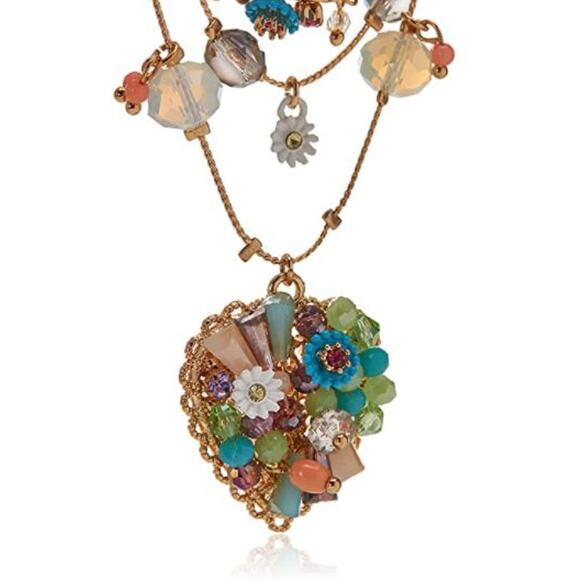 Betsey Johnson Layered Necklace Woven Heart Charm Gold Tone Boho Fashion Signed - Picture 1 of 4